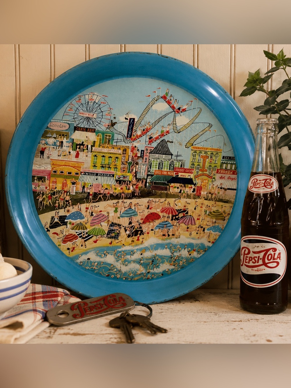 Vintage 1950s Pepsi-Cola Coney Island Boardwalk Tin Litho Serving Trays